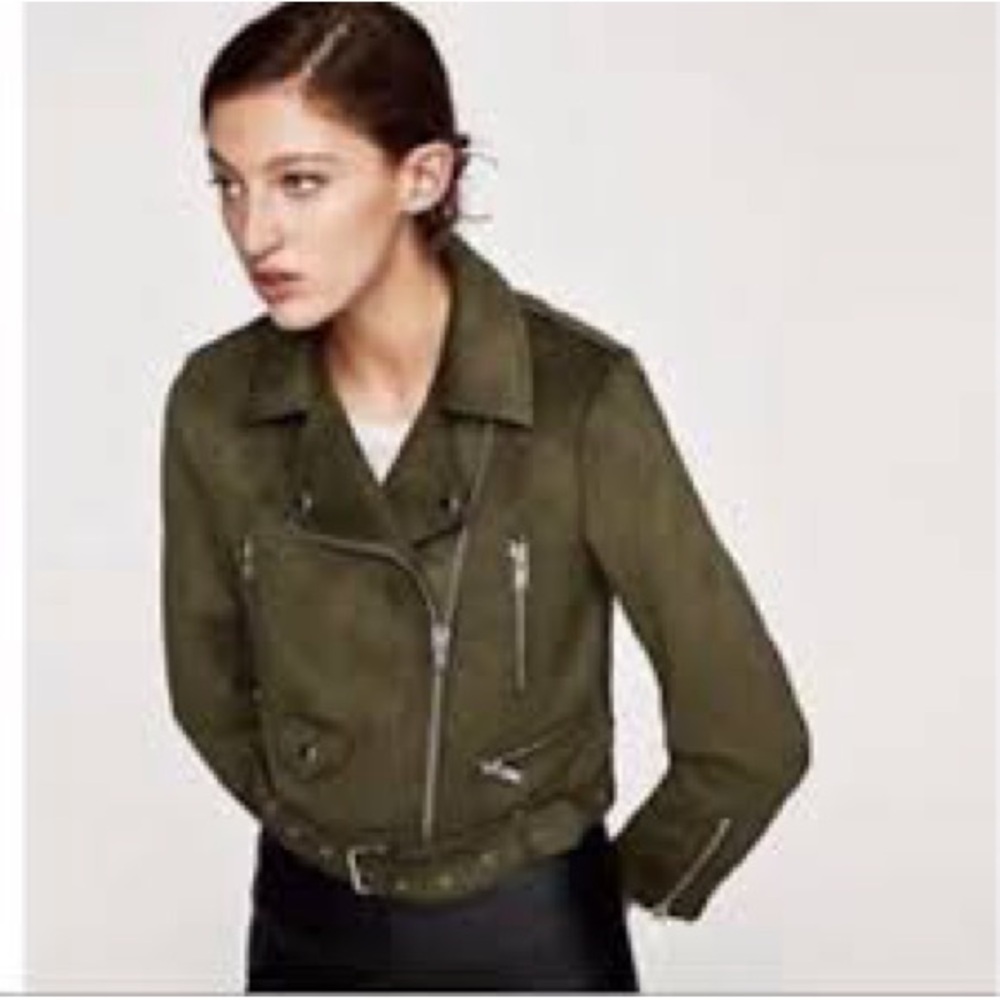 Zara Olive Green Faux Suede Moto Jacket Women’s Small